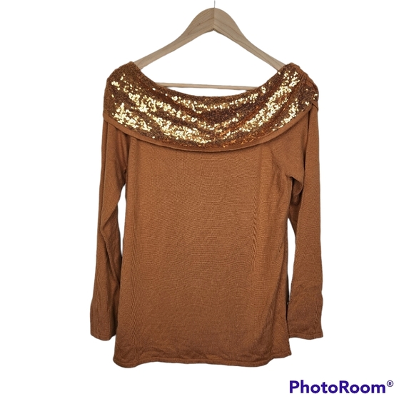 Soft Surroundings Gold Sequin Off Shoulder Cashmere Blend Sweater Top Sz M - Picture 5 of 5